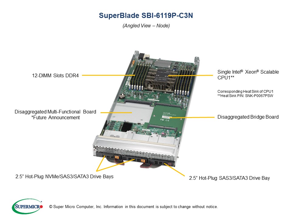 SuperBlade SBi-6119P-C3N,1x LGA3647,Video,2x 10GB LAN,2x HS 2.5" NVMe + 1x SAS3(3108),IPMI,D4(1.5TB)