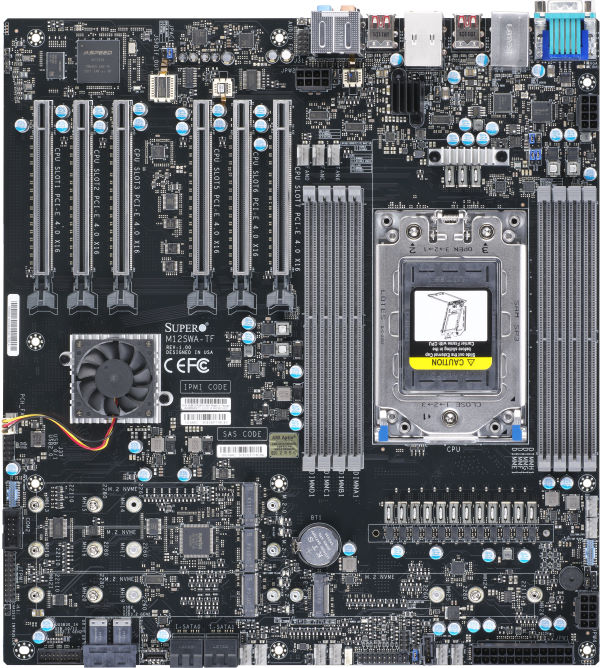 Supermicro M12SWA-TF,AMD Ryzen 3000WX/SP3,6xPCIe4,VGA,Audio,1xGB+1x10GB LAN,4xSATA3+R,IPMI,D4(256GB)