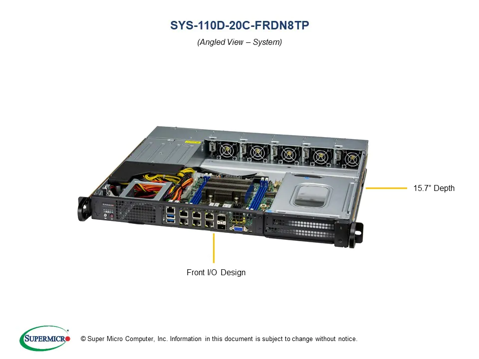 Super 110D-20C-FRDN8TP,Xeon D-2796NT,Video,4xGB+2x25G/SFP28+2x10GB,2x2.5",IPMI,D4/512GB,1U/R600W Vdc