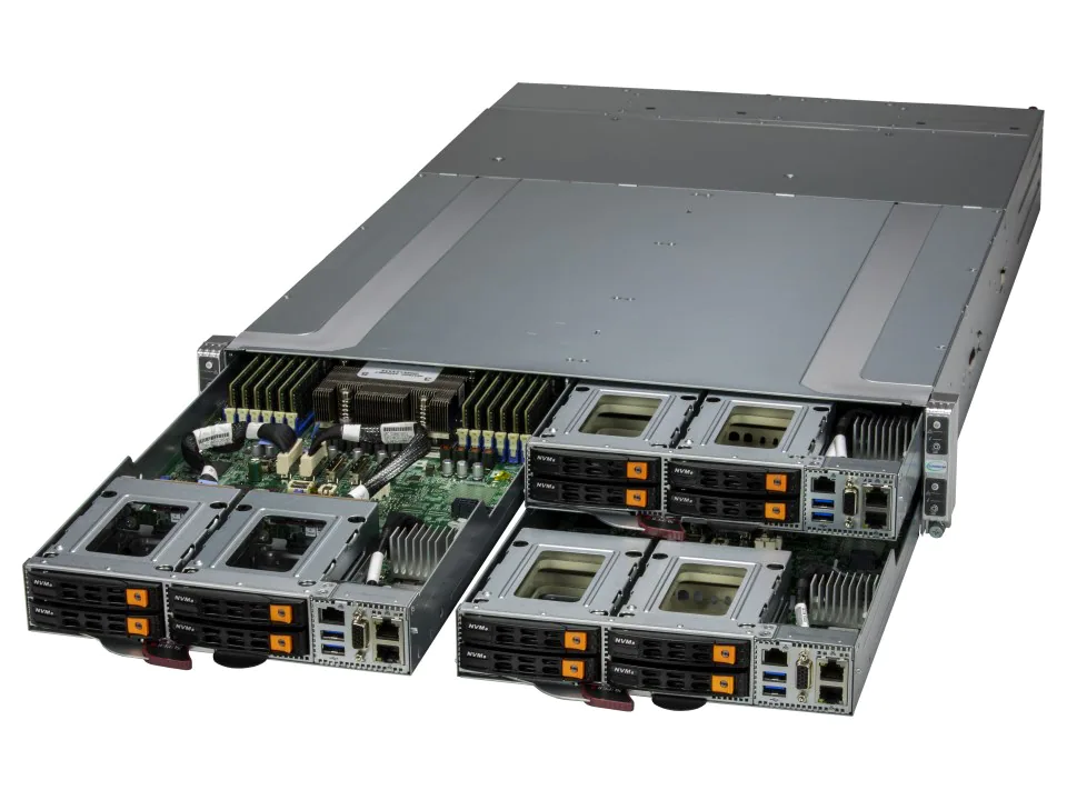 Super 2115GT-HNTF,4xNodes,1xAMD 9004,Video,AIOM/OCP3.0,4xHS 2.5" NVMe Bays,IPMI,D4(3TB),2U RM,R2200W