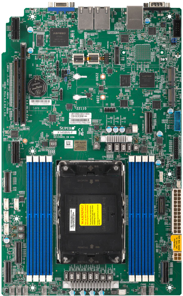 Super X14SBW-F,Xeon 6700E/LGA-4710,WIO,3xPCIe 5.0,VGA,2xGB,8xSATA3,2xM.2,IPMI,2xCOM,TPM2.0,D5(1TB)