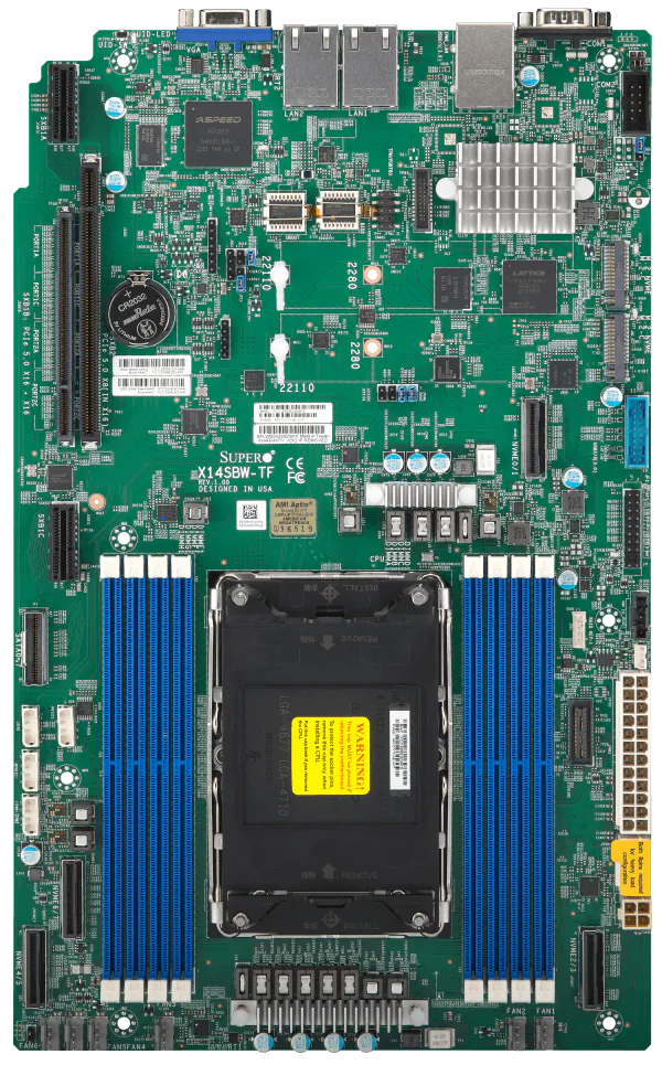 Super X14SBW-TF,Xeon 6700E/LGA-4710,WIO,3xPCIe 5.0,VGA,2x10GB,8xSATA3,2xM.2,IPMI,TPM2.0,D5(1TB)