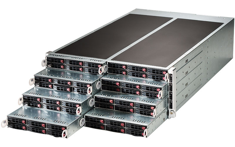 Super F617R2-FT, 8x Nodes, 2x X9/8C, Video, 2x GB NIC,2x 2.5" HS SATA,IPMI,D3(256G),4U/4x 1620W,80+