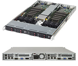 Super 1028TR-T, 2x Nodes, 2x E5-2600v4, Video, 2x GB/i350, 4x 2.5" HS SATA3+R,IPMI,D4(1TB),1U/R1000W