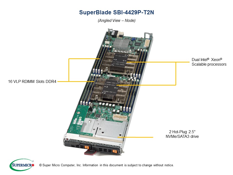 SuperBlade SBi-4429P-T2N, 2x LGA3647, Video,2x 10GB LAN,2x HS 2.5" SATA3 or NVMe Bays,IPMI,D4(512GB)