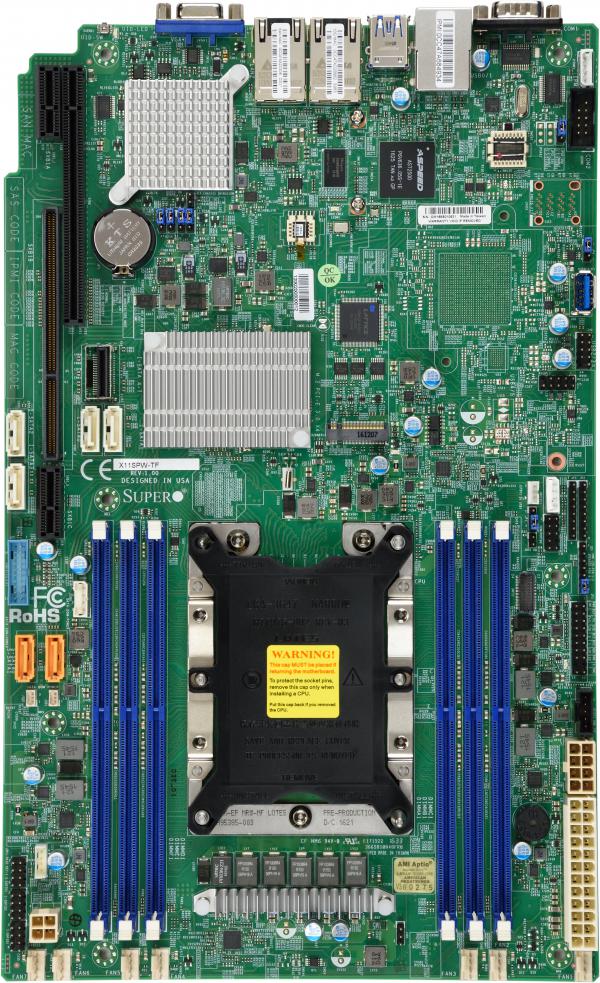Super X11SPW-TF, 1x LGA3647, WIO, VGA, 2x 10GB/X722+X557, 10x SATA3(C622)+R/M.2, IPMI, DDR4(768GB)
