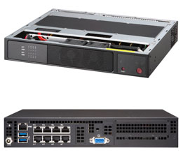 Super E300-9A-8CN8,Atom C3758-2.2Ghz/8C, VGA,8x GbE LAN,2.5" Bay,M.2,D4(64GB),Mini-1U,84W DC