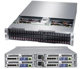 Super 2124BT-HNTR, 4x Nodes, 2x AMD 7002, Video,1xSIOM,6xHS 2.5" NVMe Bays,IPMI,D4(4TB),2U RM,R2200W