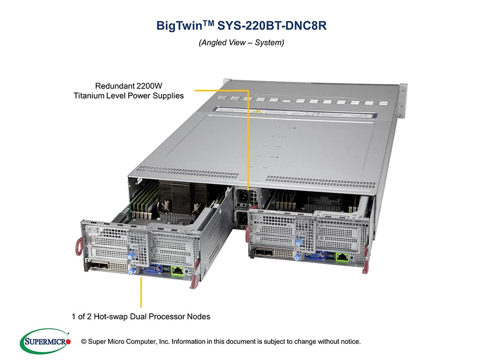 Super 220BT-DNC8R,2xNodes,2xLGA-4189,Video,1xAIOM,12xHS 2.5" SAS3(3816)/NVMe4,IPMI,D4(6TB),2U/R2200W
