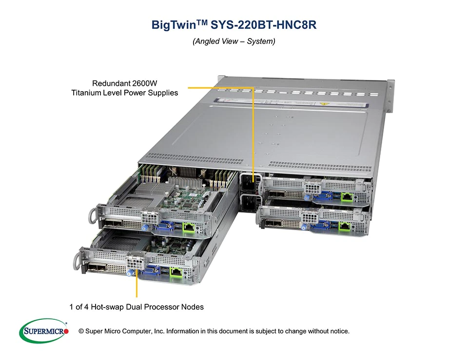 Super 220BT-HNC8R,4x Nodes,2xLGA-4189,Video,1xAIOM,6xHS 2.5" SAS4(3808)/NVMe4,IPMI,D4(6TB),2U/R2600W