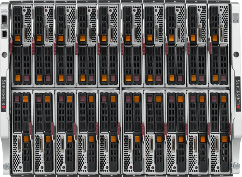 SuperBlade SBE-820J-820D,20xHS Dual or 10xQuad Blades,2x10G/1G & 2x25G Switch,2xCMM,8U RM,8xDC 2000W