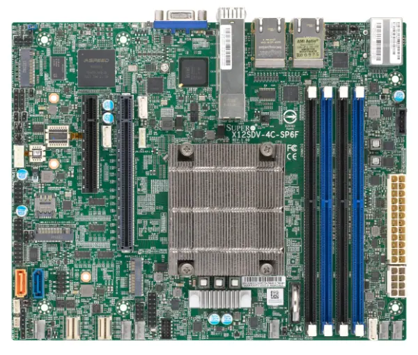Super X12SDV-10C-SP6F, Xeon D-1747NTE/10C,VGA,2x25G/SFP28+2x1G,10xSATA3+R,M.2,IPMI,D4(256G),12V DC