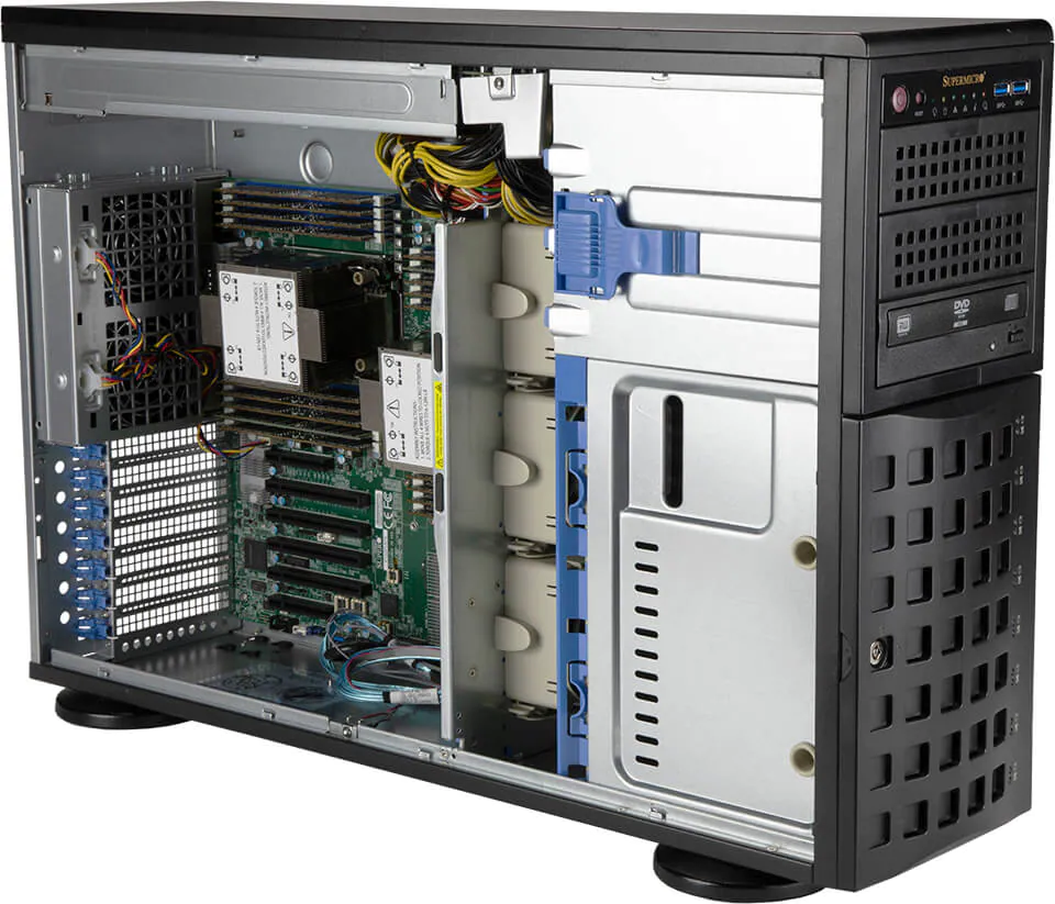 Super 741P-TR,2xLGA-4677,6xPCIe5.0,VGA,2xGB,8xHS 3.5" SATA/SAS or 4xNVMe,IPM,D5(4TB),4U/Tower/R12KW